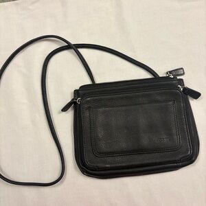Fossil Black Leather Crossbody Organizer Bag Multi Zip Small Purse